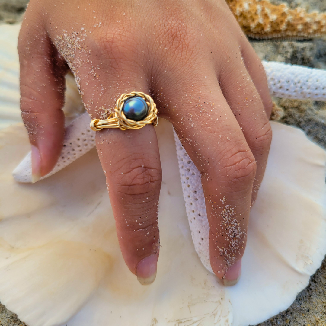 Dark Blue Pearl Weaved Ring